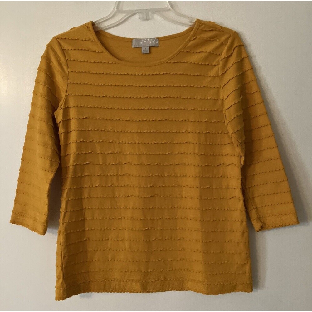 GOLD WOMEN'S CAROLYN TAYLOR 3/4 SLEEVES SHIRT SZ S Scalloped trim Cottagecore